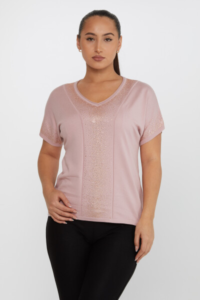 Sweter z dzianiny Stone haftowany z krótkim rękawem w kolorze pudrowym - 30761 | KAZEE (zestaw 4 sztuk L-XL-2XL-3XL) 