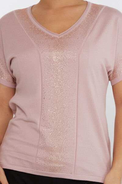 Sweter z dzianiny Stone haftowany z krótkim rękawem w kolorze pudrowym - 30761 | KAZEE (zestaw 4 sztuk L-XL-2XL-3XL) - 3