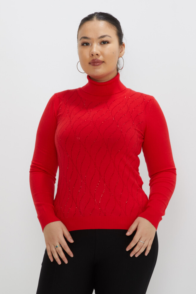 Sweter dzianinowy z haftowanym golfem Stone w kolorze czerwonym - 31151 | KAZEE (zestaw 3 sztuk M-L-XL) - 1