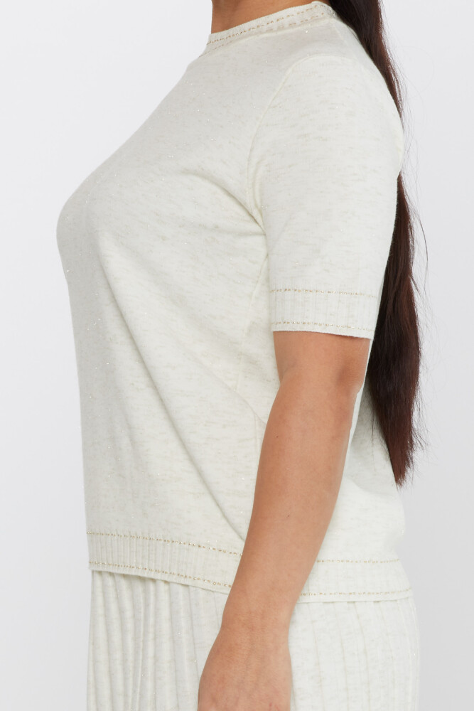 Sweter z krótkim rękawem, brokatowy, ecru - 31626 | KAZEE (zestaw 3 sztuk M-L-XL) - 4