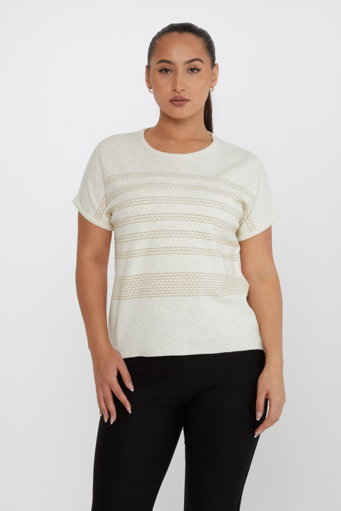 Sweter z krótkim rękawem i brokatowymi zdobieniami w kolorze ecru - 31652 | KAZEE (zestaw 3 sztuk M-L-XL) - 2