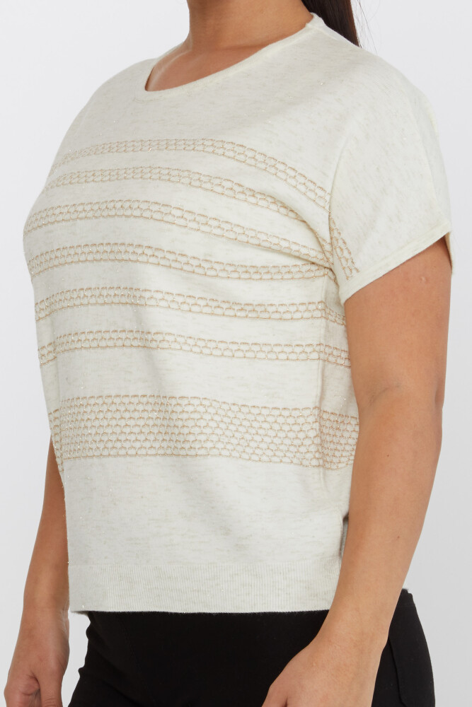 Sweter z krótkim rękawem i brokatowymi zdobieniami w kolorze ecru - 31652 | KAZEE (zestaw 3 sztuk M-L-XL) - 4