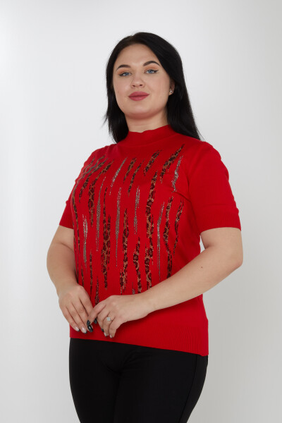 Sweter dzianinowy z motywem panterki i haftowanym stójką w kolorze czerwonym - 31565 | KAZEE (zestaw 3 sztuk M-L-XL) 