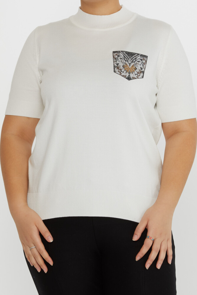 Sweter dzianinowy z haftem motyli i krótkim rękawem w kolorze ecru - 31552 | KAZEE (zestaw 3 sztuk M-L-XL) - 2