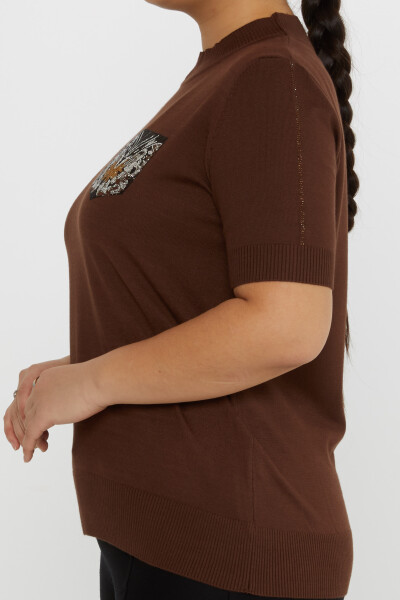 Sweter dzianinowy z haftem motyli i kamieni, krótki rękaw, kolor kawowy - 31552 | KAZEE (zestaw 3 sztuk M-L-XL) - 3