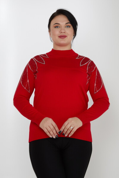 Sweter dzianinowy z haftowanymi kamieniami na ramionach i stojącym kołnierzem w kolorze czerwonym - 31601 | KAZEE (zestaw 3 sztuk M-L-XL) 