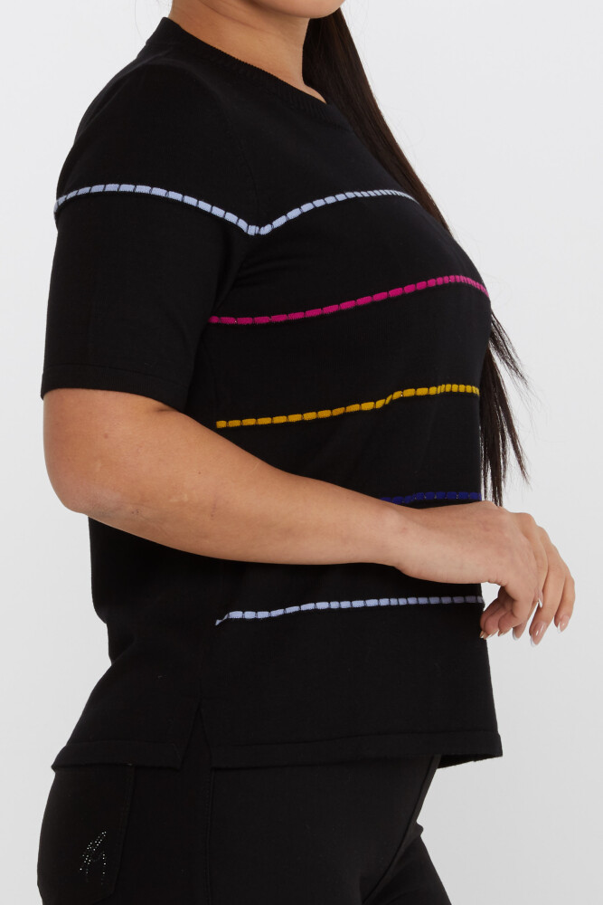 Sweter z dzianiny z okrągłym dekoltem i krótkim rękawem, czarny - 31659 | KAZEE (Zestaw 3 sztuk L-XL-2XL) - 4