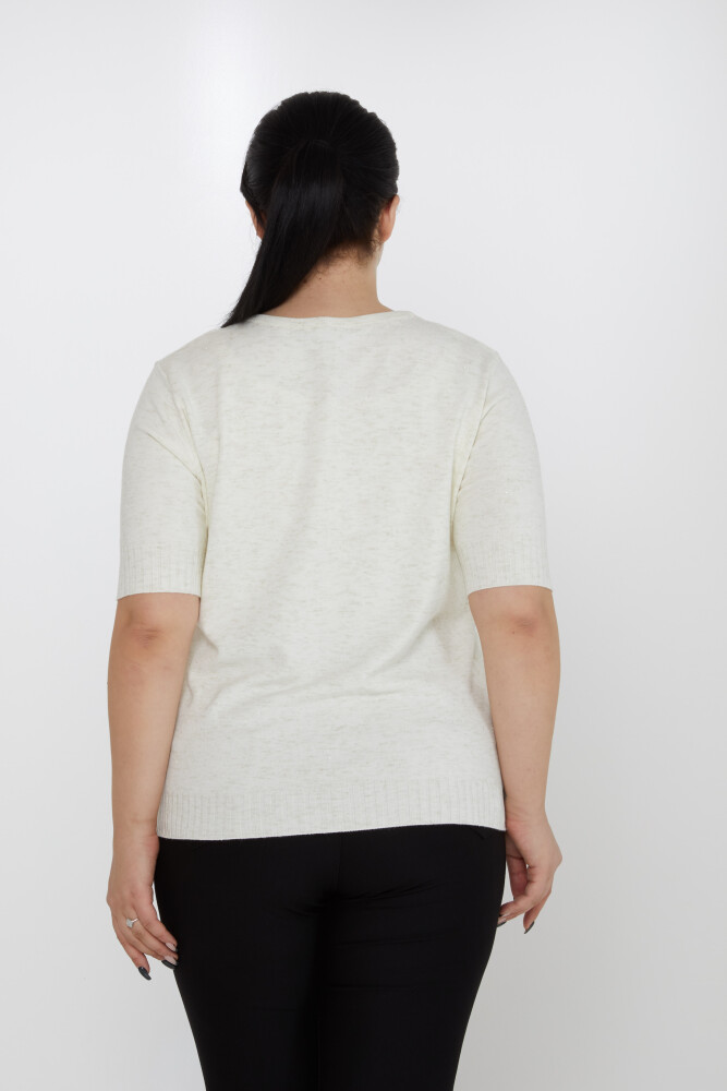 Sweter z dzianiny z brokatowymi zdobieniami, krótki rękaw, ecru - 31714 | KAZEE (Zestaw 3 sztuk XL-2XL-3XL) - 4