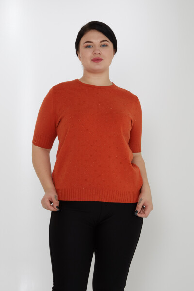 Sweter z dzianiny z brokatowymi detalami, krótki rękaw, pomarańczowy - 31714 | KAZEE (Zestaw 3 sztuk XL-2XL-3XL) - 1
