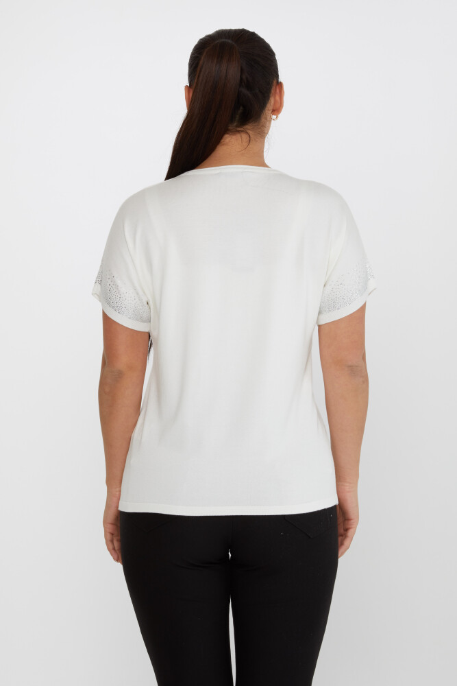 Sweter dzianinowy z haftem Stone i krótkim rękawem w kolorze ecru - 30761 | KAZEE (zestaw 4 sztuk L-XL-2XL-3XL) - 5