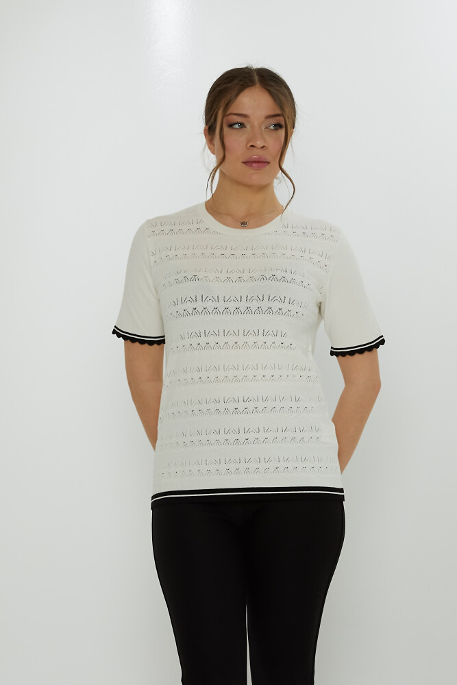 Sweter dzianinowy z krótkim rękawem ażurowy ecru - 31762 | KAZEE (zestaw 3 sztuk M-L-XL) - 2