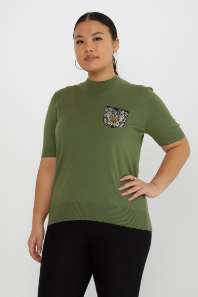 Sweter z dzianiny Motyl Kamień Haftowany Krótki Rękaw Khaki - 31552 | KAZEE (zestaw 3 sztuk M-L-XL) 