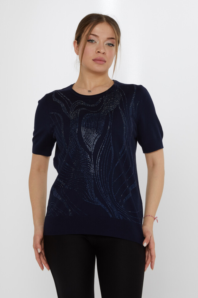 Sweter dzianinowy Stone haftowany granatowy - 30315 | KAZEE (Zestaw 3 sztuk L-XL-2XL) - 1