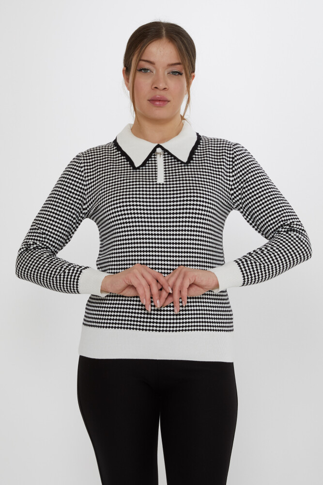 Sweter dzianinowy w kratkę ecru-czarny - 31339 | KAZEE (zestaw 3 sztuk M-L-XL) - 2