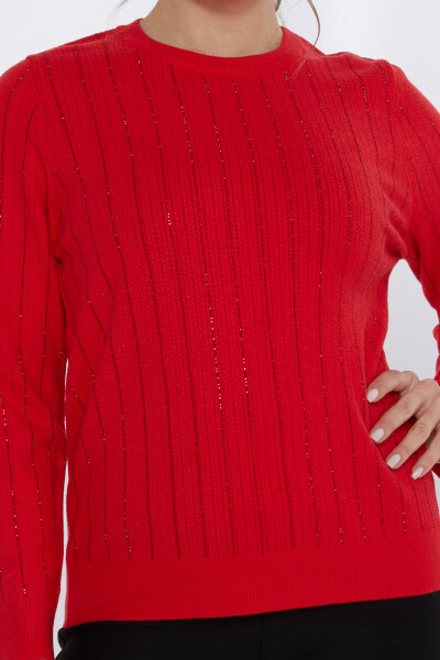 Sweter dzianinowy w paski z haftem w kolorze czerwonym - 31110 | KAZEE (zestaw 3 sztuk M-L-XL) - 3