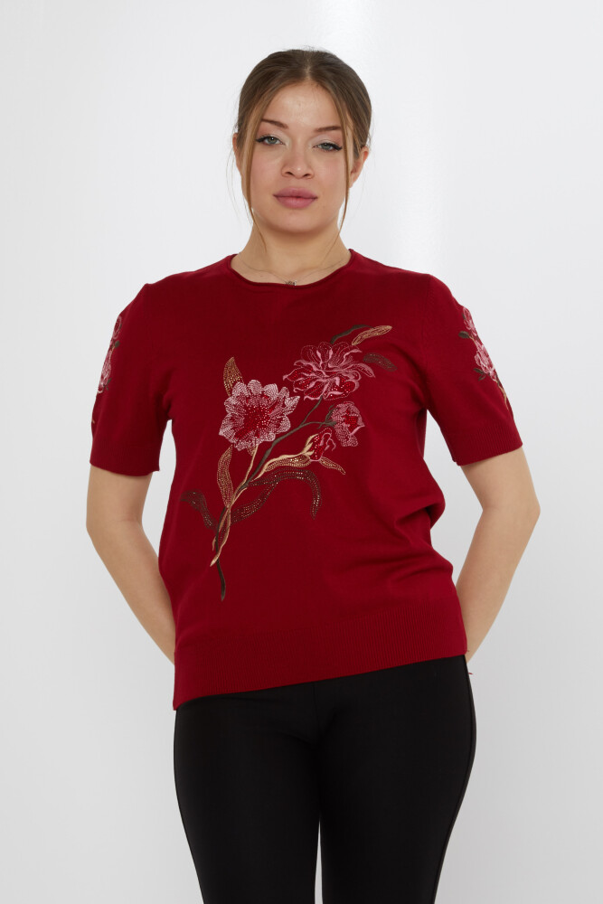 Sweter dzianinowy z haftem kwiatowym w kolorze bordowo-czerwonym - 31725 | KAZEE (Zestaw 3 sztuk L-XL-2XL) - 1