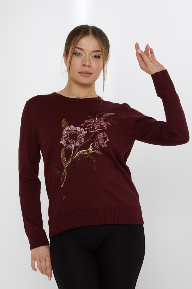 Sweter dzianinowy z haftem kwiatowym w kolorze śliwkowym - 31673 | KAZEE (Zestaw 3 sztuk L-XL-2XL) - 2