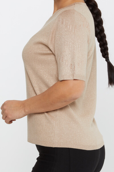 Sweter z krótkim rękawem i brokatowymi detalami w kolorze beżowym - 31608 | KAZEE (zestaw 3 sztuk M-L-XL) - 4