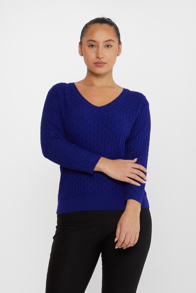 Sweter z dzianiny z wycięciem w serek Saxe, z własnym wzorem - 31247 | KAZEE (zestaw 3 sztuk M-L-XL) - 1