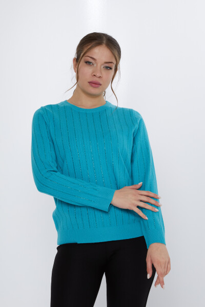 Sweter z dzianiny w paski, haftowany turkusowy - 31110 | KAZEE (zestaw 3 sztuk M-L-XL) 