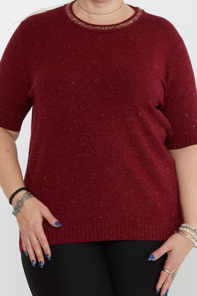 Sweter z dzianiny z kołnierzykiem, brokatowym wykończeniem, krótkim rękawem, w kolorze bordo - 31610 | KAZEE (Zestaw 3 sztuk XL-2XL-3XL) - 2