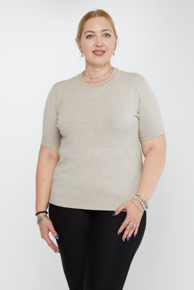 Sweter z kołnierzykiem z dzianiny z krótkim rękawem i brokatowym wykończeniem, norka - 31610 | KAZEE (Zestaw 3 sztuk XL-2XL-3XL) - 1