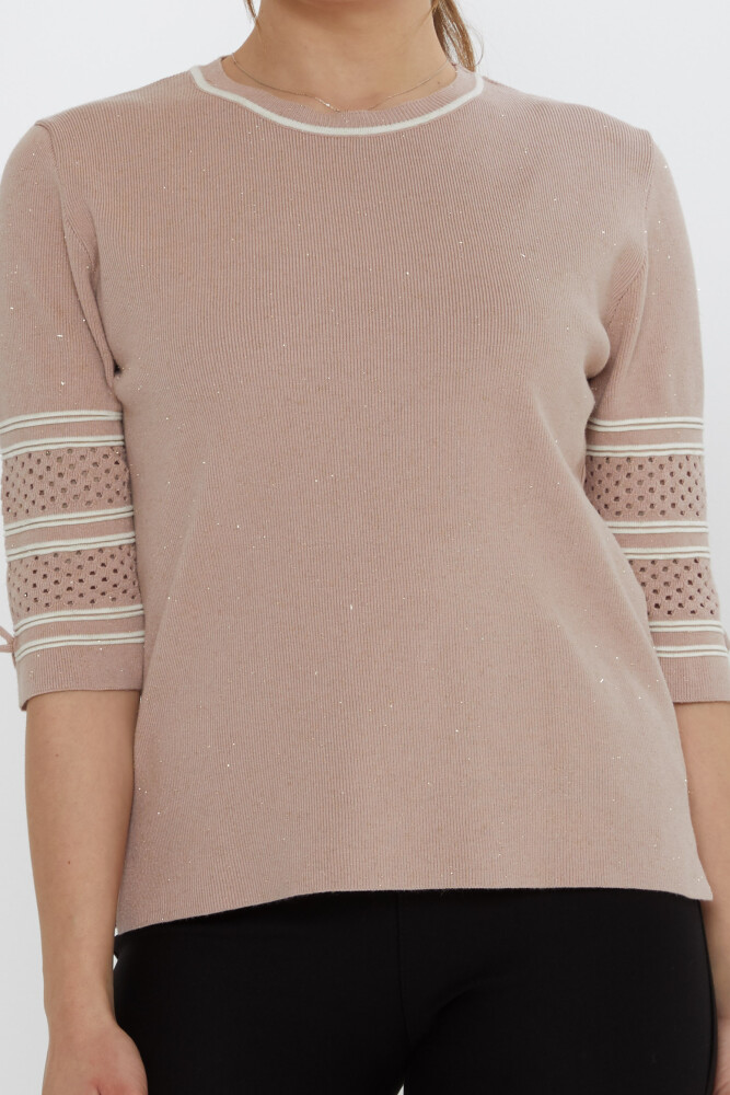 تفاصيل أكمام سترة محبوكة باللون البودرة - 31316 | كازي (مجموعة من 3 مقاسات M-L-XL) - 3