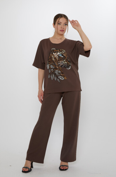 طقم رياضي بنقشة جلد النمر، بني - 17876 | كازي (طقم من 3 قطع، مقاسات L-XL-2XL) - Kazee (1)