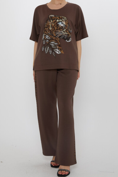 طقم رياضي بنقشة جلد النمر، بني - 17876 | كازي (طقم من 3 قطع، مقاسات L-XL-2XL) - 3