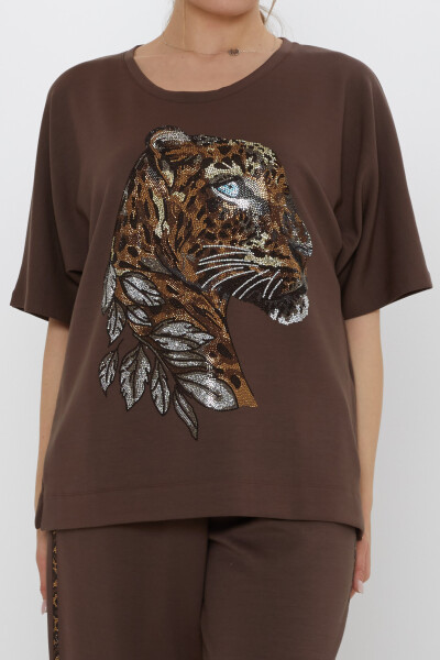 طقم رياضي بنقشة جلد النمر، بني - 17876 | كازي (طقم من 3 قطع، مقاسات L-XL-2XL) - 4