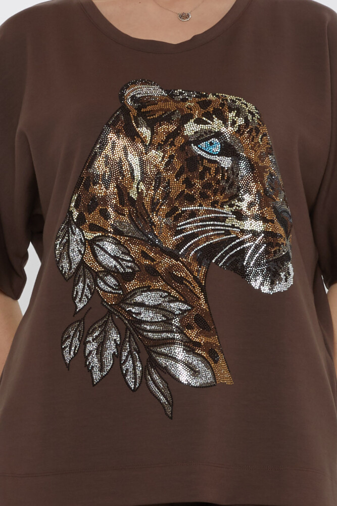 طقم رياضي بنقشة جلد النمر، بني - 17876 | كازي (طقم من 3 قطع، مقاسات L-XL-2XL) - 5