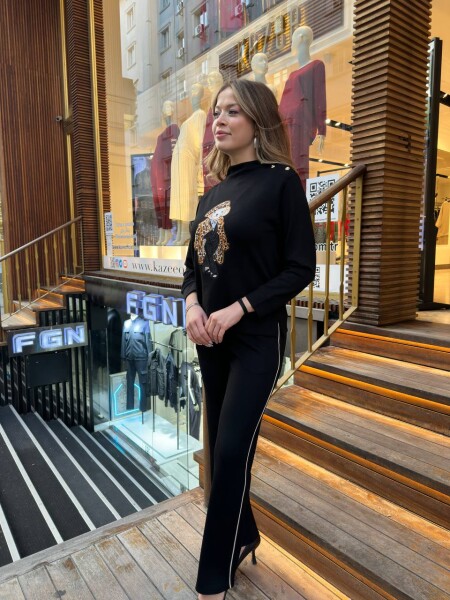 طقم رياضي - بنقشة جلد النمر - أسود - 17958 | كازي (طقم من 3 قطع بمقاسات M-L-XL) - 2