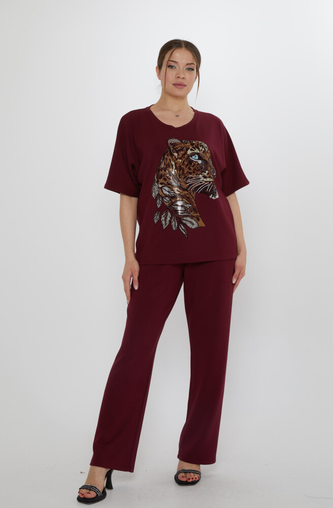 طقم رياضي - بنقشة النمر - عنابي - 17876 | كازي (طقم من 3 قطع، مقاسات L-XL-2XL) - 1