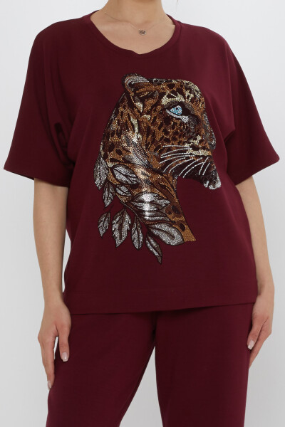 طقم رياضي - بنقشة النمر - عنابي - 17876 | كازي (طقم من 3 قطع، مقاسات L-XL-2XL) - 3