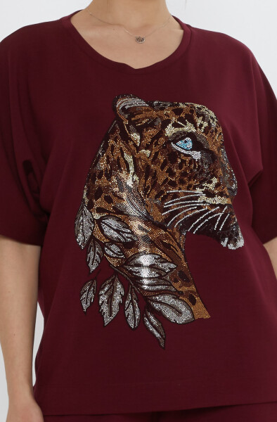 طقم رياضي - بنقشة النمر - عنابي - 17876 | كازي (طقم من 3 قطع، مقاسات L-XL-2XL) - 4