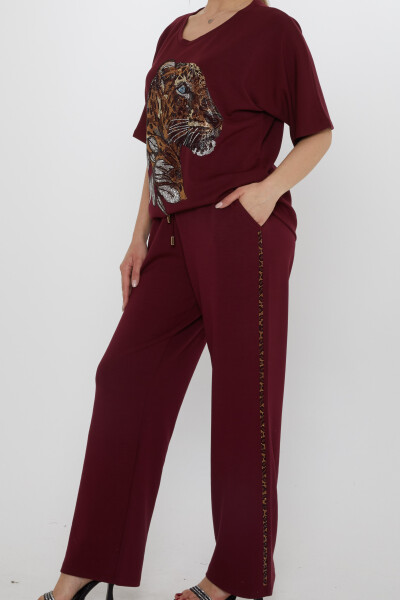 طقم رياضي - بنقشة النمر - عنابي - 17876 | كازي (طقم من 3 قطع، مقاسات L-XL-2XL) - 5