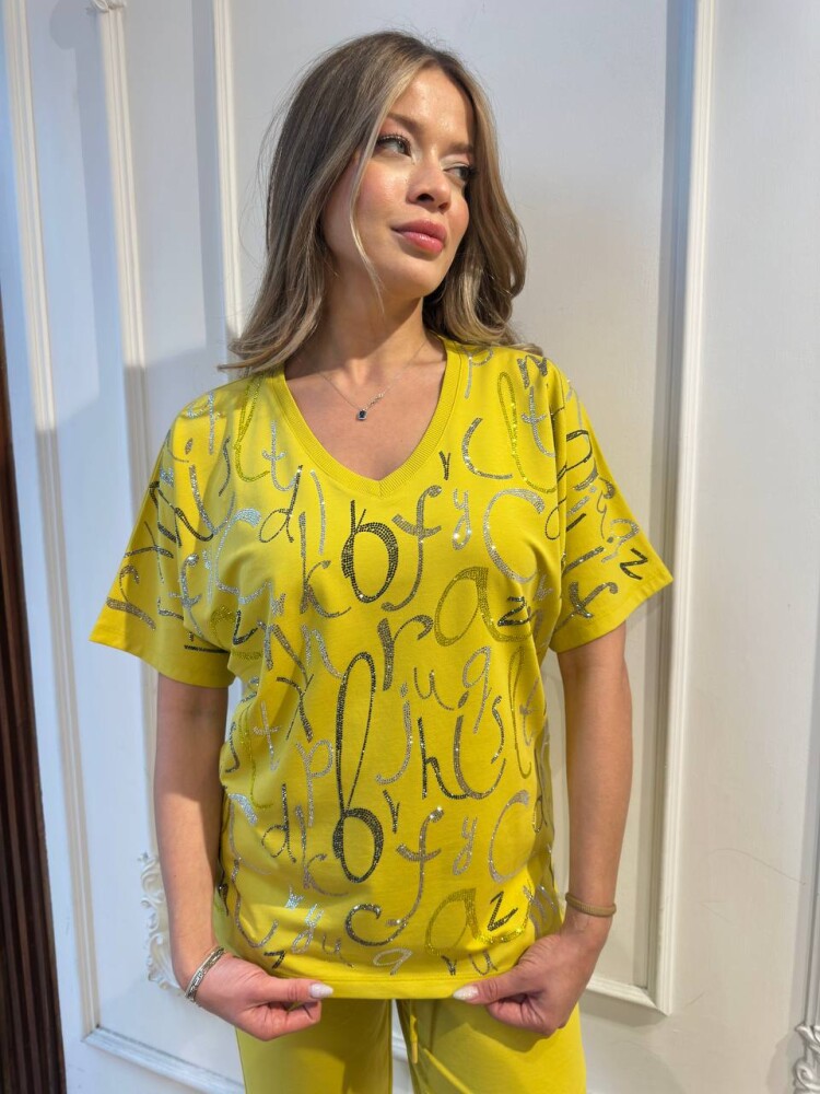 طقم رياضي - أصفر مزين بحروف - 17906 | كازي (طقم من 3 قطع M-L-XL) - 4