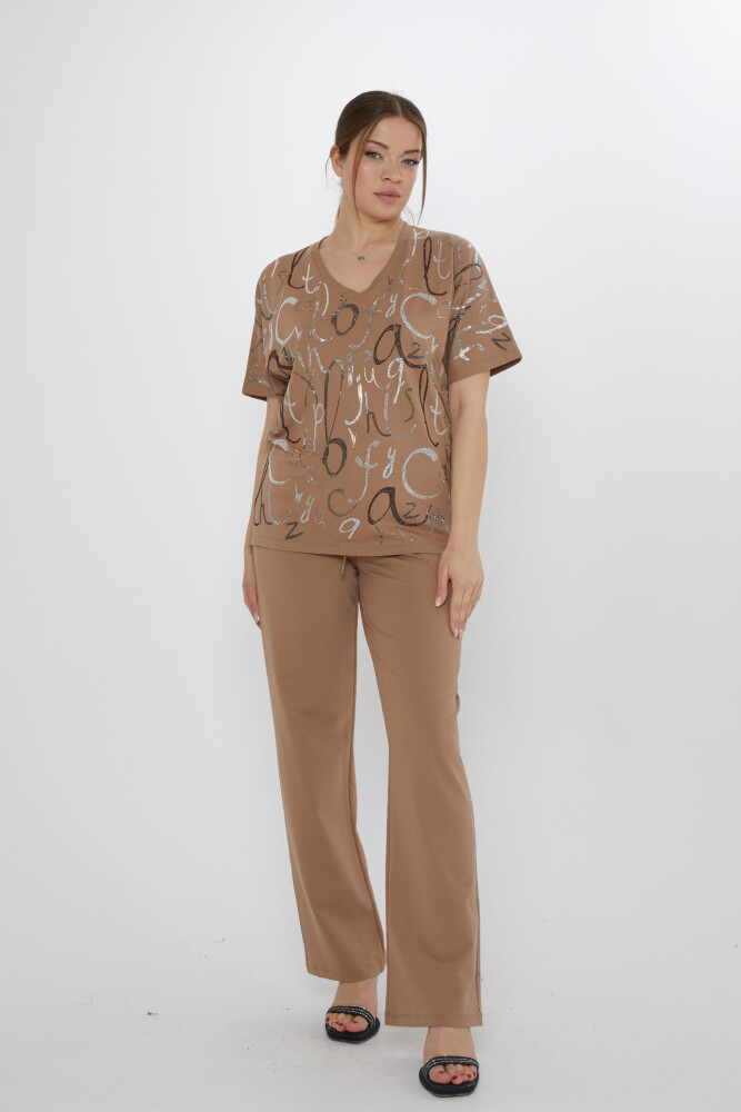 طقم رياضي - حروف - مزين بالأحجار - لون المنك - 17906 | كازي (طقم من 3 قطع M-L-XL) - 2