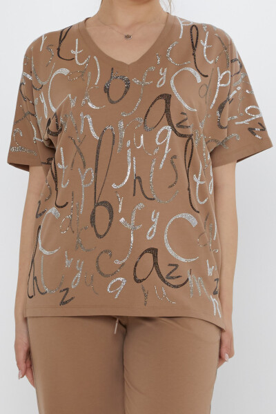 طقم رياضي - حروف - مزين بالأحجار - لون المنك - 17906 | كازي (طقم من 3 قطع M-L-XL) - 3