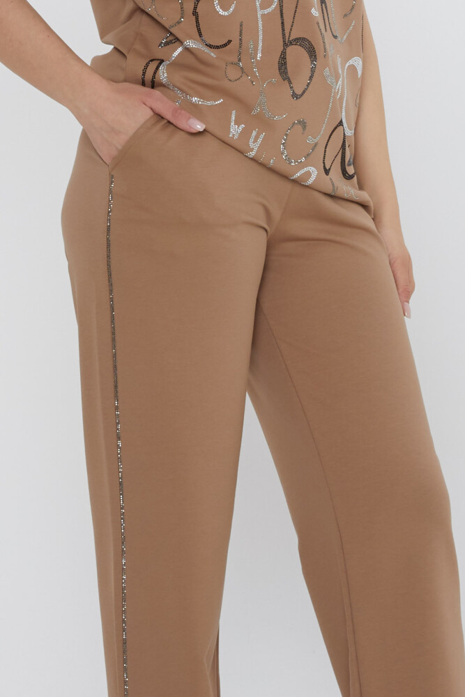 طقم رياضي - حروف - مزين بالأحجار - لون المنك - 17906 | كازي (طقم من 3 قطع M-L-XL) - 5