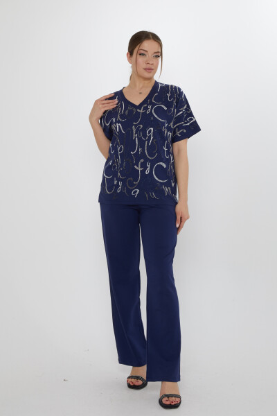 طقم رياضي - حروف - مزين بالأحجار - أزرق داكن - 17906 | كازي (طقم من 3 قطع M-L-XL) - KAZEE (1)