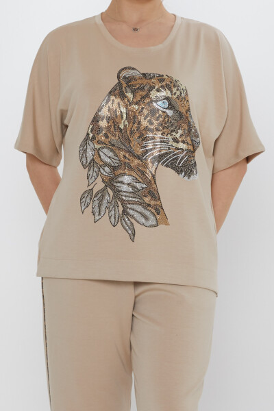 طقم رياضي - بنقشة النمر - بيج - 17876 | كازي (طقم من 3 قطع، مقاسات L-XL-2XL) - 3