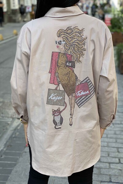 Toptan Kadın Gömlek Taş İşlemeli Desenli - 17225 | KAZEE - Thumbnail
