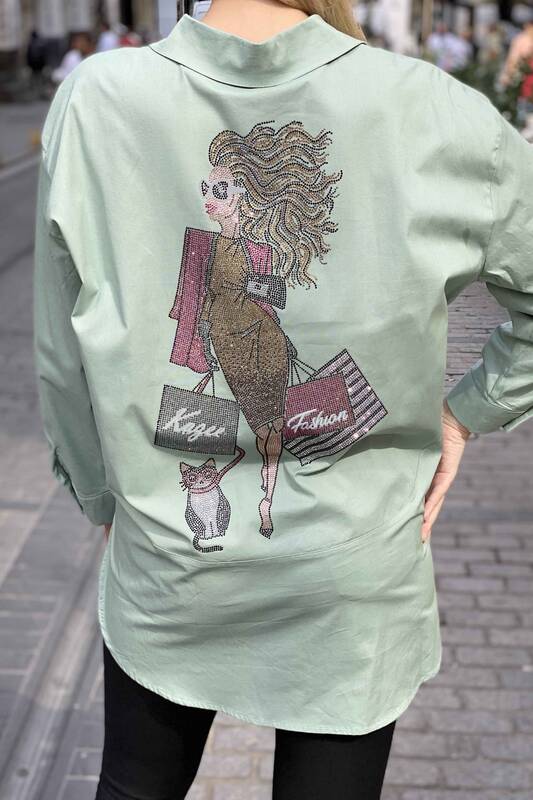 Toptan Kadın Gömlek Taş İşlemeli Desenli - 17225 | KAZEE