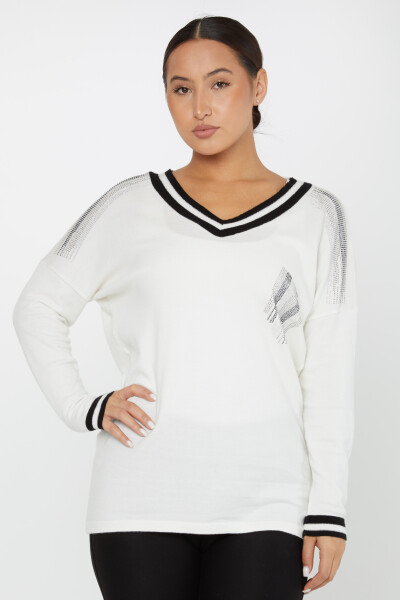 Taş İşlemeli V Yaka Triko Kazak Ekru- 2425-31043 | KAZEE (2'li Set M-2) - Kazee