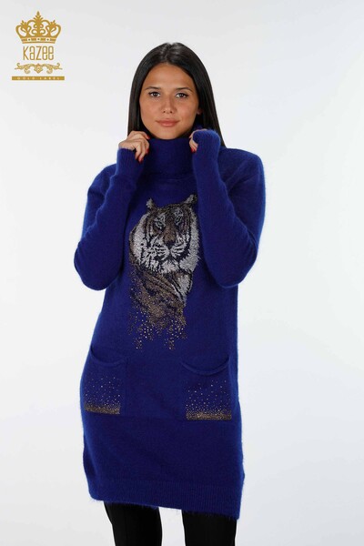Toptan Bayan Angora Tunik Kaplan Desenli Taş İşlemeli Cepli - 18880 | KAZEE - 13