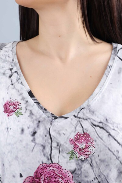 Toptan Bayan Bluz Çiçek Desenli Nakış İşlemeli - 77801 | KAZEE - Thumbnail
