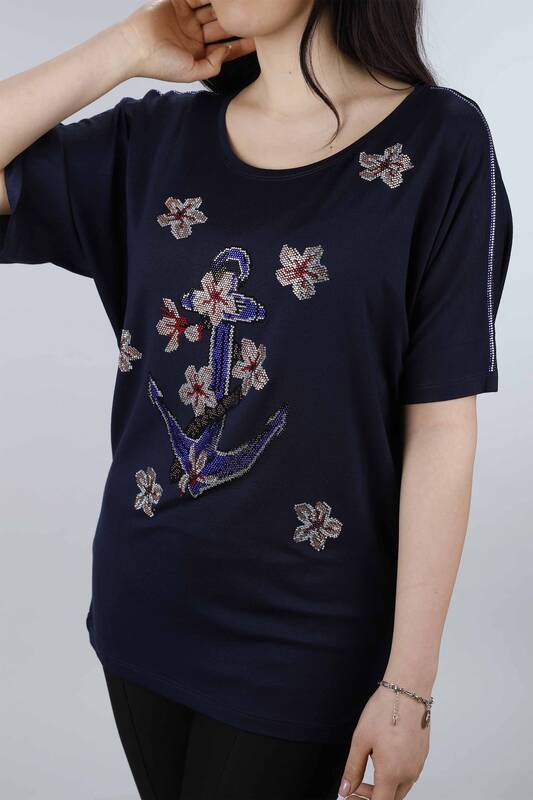 Toptan Bayan Bluz Çiçek Desenli Renkli Taşlı Penye - 77697 | KAZEE