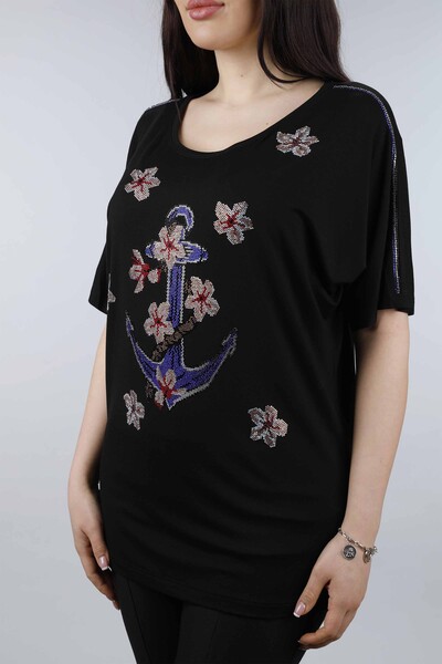 Toptan Bayan Bluz Çiçek Desenli Renkli Taşlı Penye - 77697 | KAZEE - Thumbnail