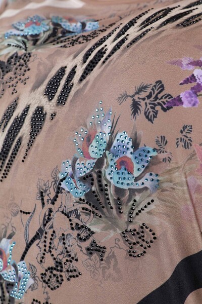 Toptan Bayan Bluz Çiçek Desenli Taş Nakış İşlemeli - 12017 | KAZEE - Thumbnail